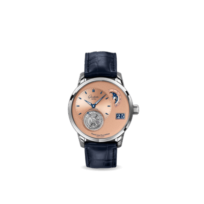 PanoLunarTourbillon: a stunning timepiece in platinum. Rose-coloured dial, Flying Tourbillon, leather strap.
