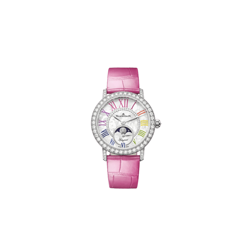 The Ladybird Colors Phases de Lune is an exquisite timepiece that exemplifies Blancpain’s masterful artistry and craftsmanship. Encrusted with a remarkable total of 2.29 carats of brilliant-cut diamonds, this stunning watch dazzles with its luxurious design, which extends gracefully across the bezel, dial, case, and buckle. With a refined diameter of 34.9 mm, the watch is meticulously crafted from high-quality 18-carat white gold, radiating elegance and sophistication. The mother-of-pearl dial adds a touch of opulence, offering a soft, luminous backdrop that perfectly contrasts the shimmering diamonds. Equipped with the innovative automatic movement caliber 1163L, this timepiece boasts an impressive power reserve of 100 hours, ensuring reliability and precision for days on end. The watch includes a display that elegantly tracks both the moon phases and small seconds, presented with exceptional clarity to enhance readability. This masterpiece also comes with five interchangeable straps in vibrant colors—pink, blue, green, yellow, and white—allowing for versatile styling options to suit any occasion. Each strap is complemented by a sturdy folding clasp, ensuring a secure and comfortable fit. One of the distinguishing features of Blancpain’s watches is the secured movement. This advanced mechanism is specifically designed to safeguard delicate components, thereby enhancing the watch's longevity and operational precision. By preventing inadvertent damage while adjusting the watch, the secured movement signifies Blancpain’s dedication to quality and resilience in fine watchmaking. At the heart of the Ladybird Colors Phases de Lune is a captivating moon phase complication, which elegantly tracks the 29.5-day lunar cycle. This mechanism employs a meticulously crafted rotating disc located beneath the dial, driven by a precisely engineered 59-tooth wheel, enriching the watch’s functional prowess while adding an element of poetic beauty. Blancpain has long been revered for its expertise in refining the moon phase indicator, seamlessly merging traditional craftsmanship with modern innovation to create a mesmerizing display that captures the enchantment of every moonlit night.