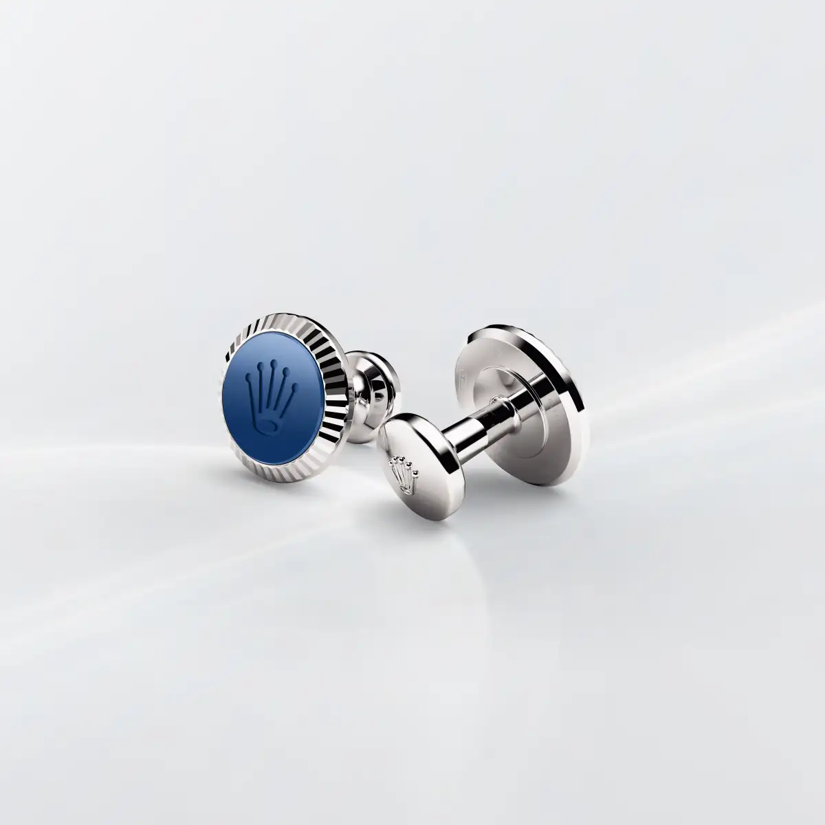 Rolex ‘Fluted’ cufflinks in White gold and ceramic 18 ct white gold Cerachrom circle in blue ceramic, a1039 at Montecristo Jewellers