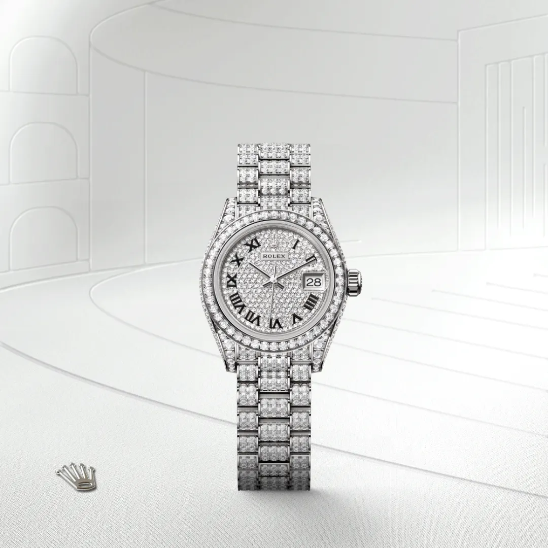 Rolex Lady-Datejust in 18 ct white gold with case sides and lugs set with diamonds M279459RBR-0001- Montecristo Jewellers