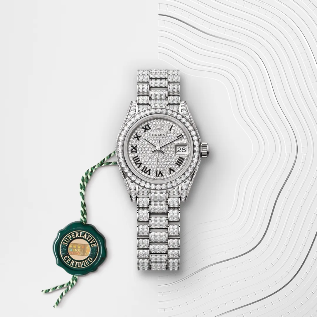 Rolex Lady-Datejust in 18 ct white gold with case sides and lugs set with diamonds M279459RBR-0001- Montecristo Jewellers
