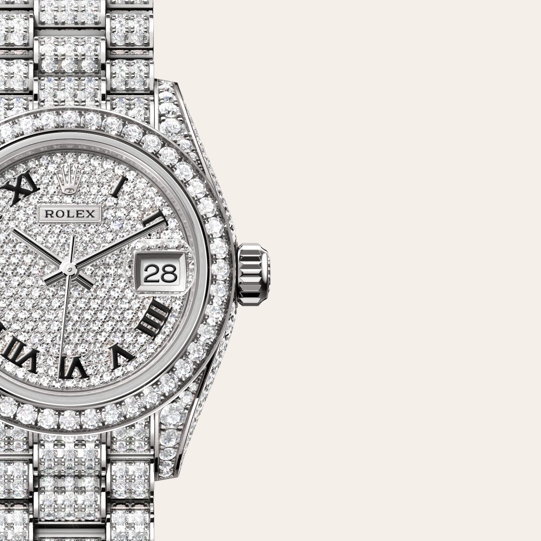 Rolex Lady-Datejust in 18 ct white gold with case sides and lugs set with diamonds M279459RBR-0001- Montecristo Jewellers